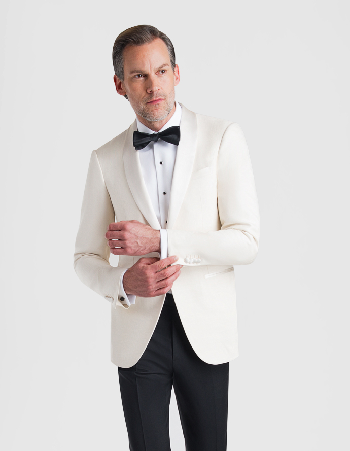 white tux with black vest